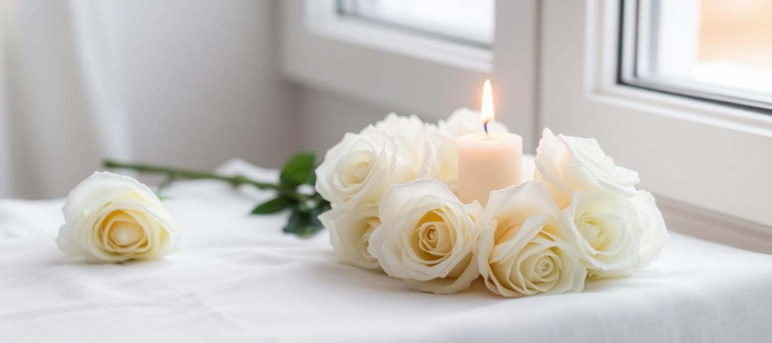 Weisse Rosen und eine brennende Kerze im sanften Fensterlicht – Trost in schweren Zeiten